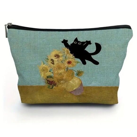 Black Cat Leaps into Sunflowers Van Gogh Cute Makeup Bag - New - Picture 1 of 4